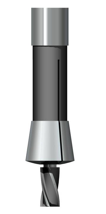 Figure 2 — An R8 collet gripping an end-mill shank. The drawbar threads into the top; the slotted nose closes onto the shank as it is drawn into the spindle taper. Source: Wikimedia Commons (R8Coll…