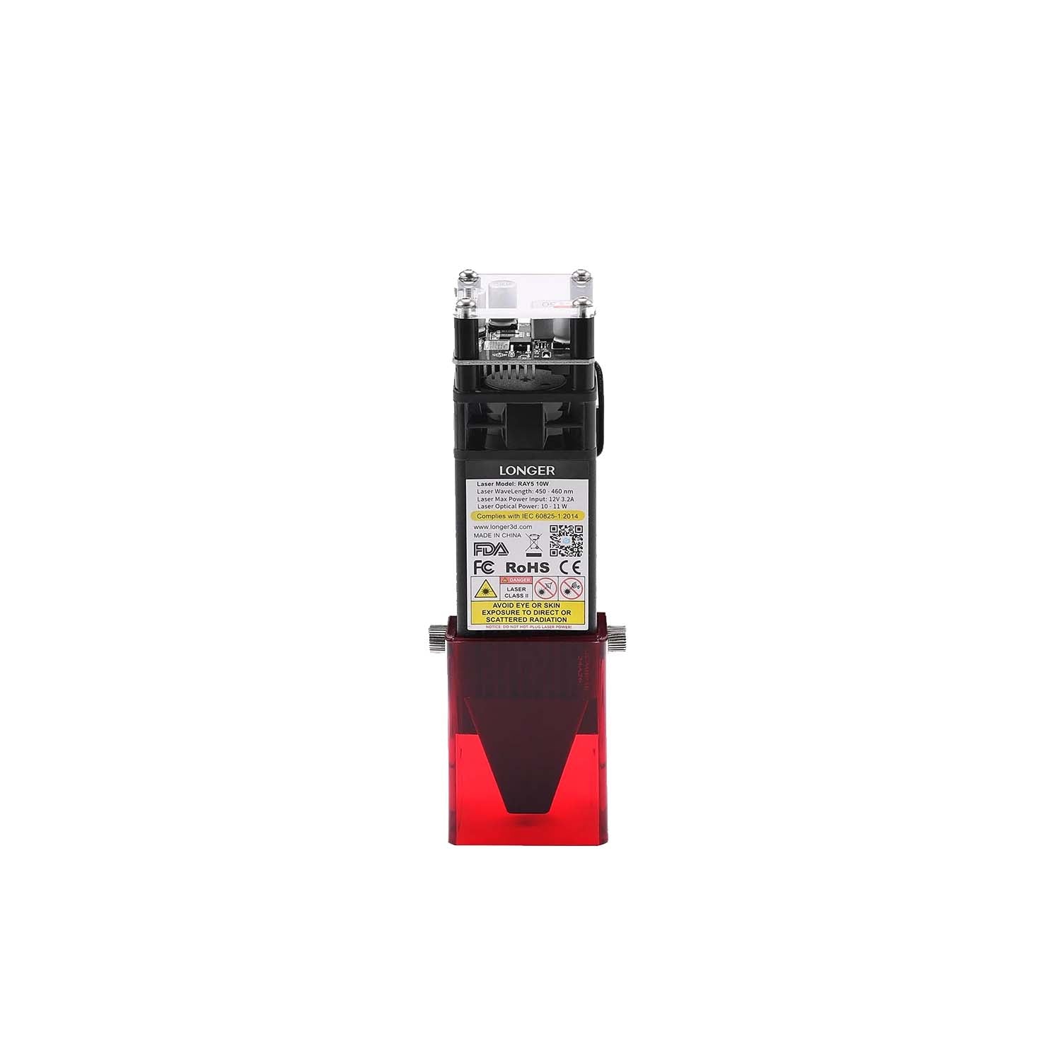 Figure 3 — The combined-diode laser module. Two diodes and beam-combining optics sit in the finned, fan-cooled housing above the fixed focusing lens. Source: LONGER product photography.