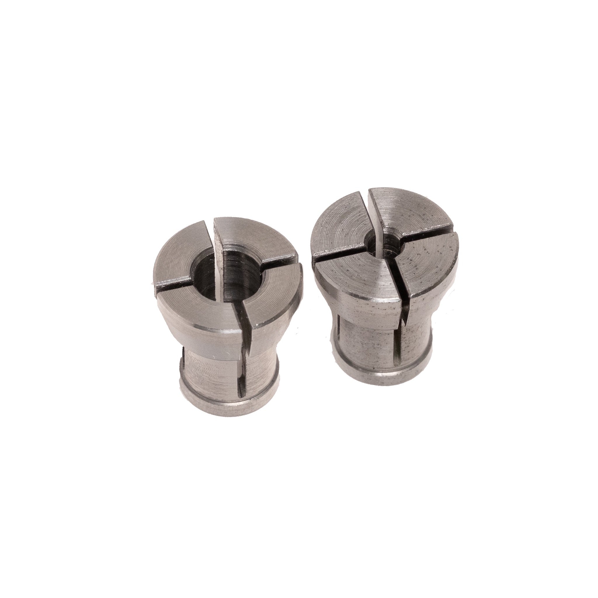 Figure 4 — Precision collets for the router. The collet grips the bit's shank; a clean, correctly-sized collet is essential for accuracy and for not throwing a bit. Source: Carbide 3D shop (shop.ca…